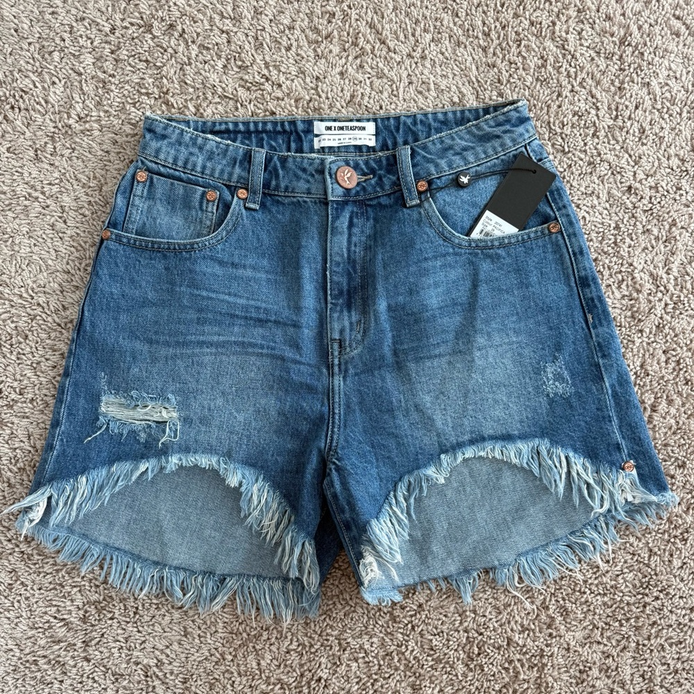 One Teaspoon Blue Frayed Jean Shorts